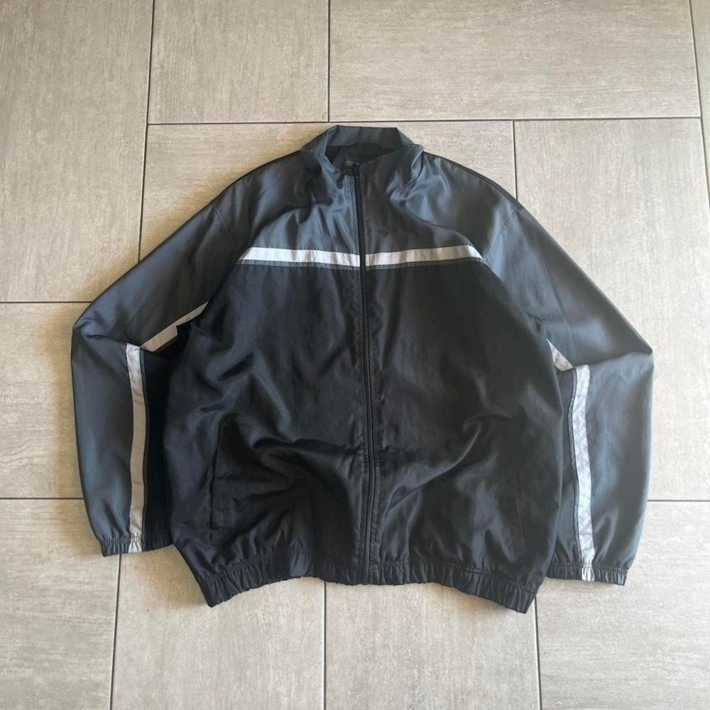 R&R Casual Mens Track Jacket Black Grey Reflective Stripe Windbreaker Large